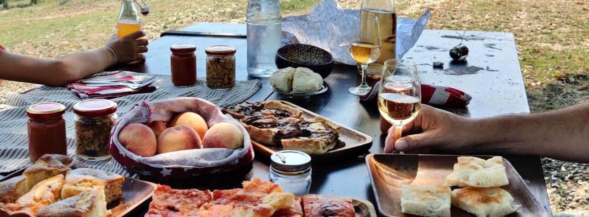A table set for a picnic with cute little jars and wine and focaccia looking out onto vineyards. Sitting under a tree.